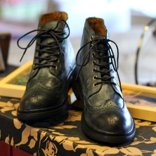  ZARA风 英伦风复古雕花打蜡牛皮靴子 潮流军靴布洛克马丁靴男鞋子