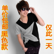 包邮2012韩版夏装男装男士潮流时尚休闲拼色潮男个性V领短袖T恤