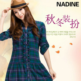  Nadine 秋装新款 英伦学院风法兰绒小熊棉格子衬衫连衣裙秋