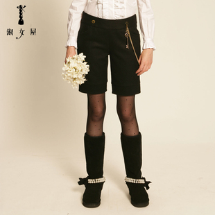  淑女屋 新款欧美风黑色羊毛呢子卷边五分靴裤FLAAJE0301
