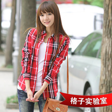 2012春装新款郁金香红！高品质女装长袖格子衬衫韩版格子衬衣