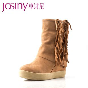  卓诗尼新品女鞋冬靴真皮流苏厚底短靴平底雪地靴子12417706