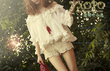 2012夏装新款女装日系小辣椒珠串绣花雪纺罩衫上衣白色短袖娃娃衫