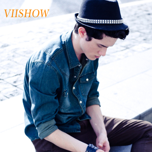  viishow正品春装 英伦修身时尚休闲男式衬衣纯棉长袖男士牛仔衬衫