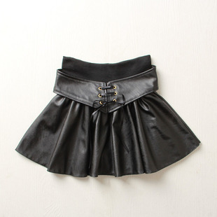  秋冬新品PU革松紧腰系带蝴蝶结半身裙大摆裙皮裙迷你短裙包邮