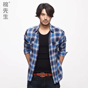  淘金币 棉先生高端男装 双层纱加厚纯棉 男士长袖格子衬衫男长袖