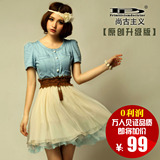 vivi杂志款2012夏新款欧美复古牛仔网纱雪纺蕾丝绣花连衣裙L80112