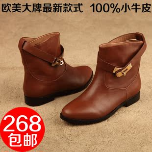  欧美秋冬新款平跟平底靴真皮短靴马丁靴低跟女鞋骑士靴大码女靴子