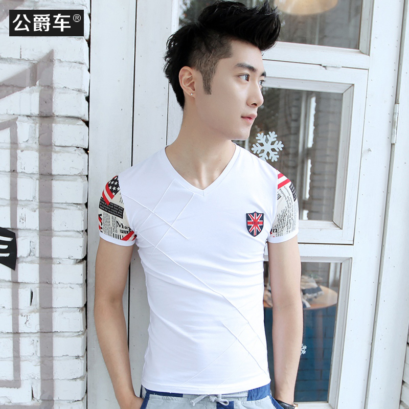 2014夏装爆款米字国旗拼接打皱韩版修身T恤男短袖T恤
