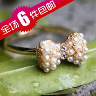  全国满6件包邮 韩国饰品 金色镶嵌珍珠蝴蝶结小巧戒指 指环