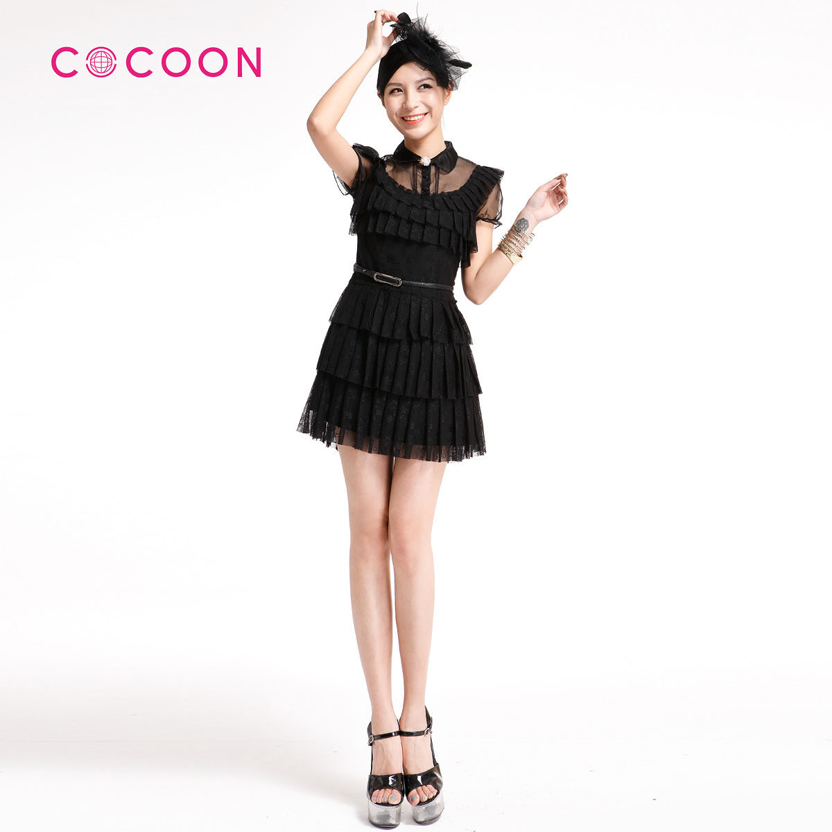 COCOON可可尼2012春夏新品蕾丝拼接修身短袖<span class=H>连衣裙</span>312102001