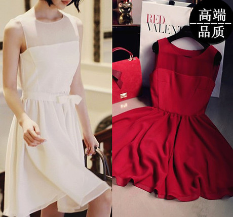 夏季新款<em>女装</em>纯色甜美<em>雪纺裙网</em>纱拼接公主裙无