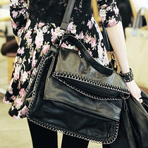韩国代购正品 2012新款女包韩版时尚帅气个性链条黑色单肩皮包