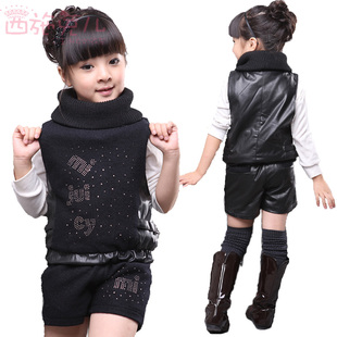 <em>女童</em> 加厚 两件套装 <em>短裤 秋冬款</em> PU皮无袖 儿童