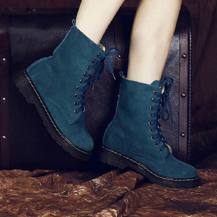  欧美潮范秋冬正品真牛皮加绒加厚保暖牛筋底平跟短靴女马丁靴子
