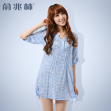 俞兆林 甜美时尚格子中袖睡衣/睡裙女士纯棉夏季家居服 可外穿