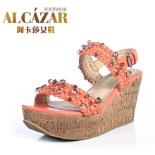 2012年新夏款阿卡莎猪皮内里编织带坡跟罗马女凉鞋TB2285-01