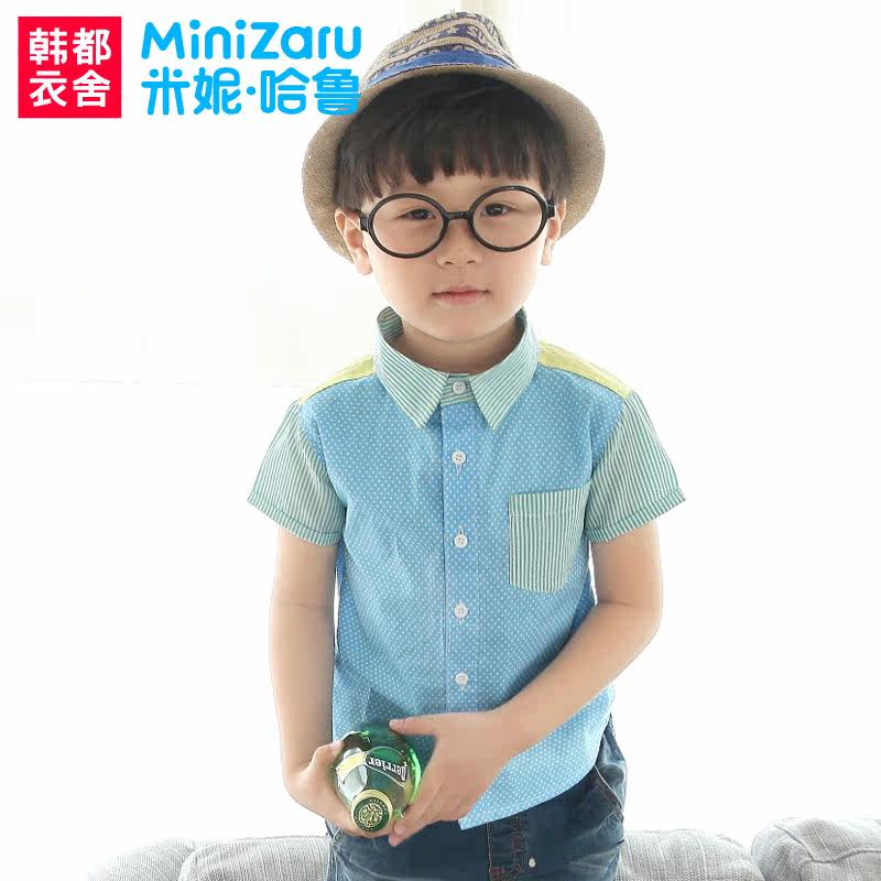 米妮哈鲁童装2014夏装新款男童韩版拼色短袖翻领衬衫ZS3137姈