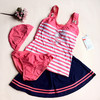 华黛思品牌甜美粉色，海军条纹女分体，裙式三件套学生装泳衣