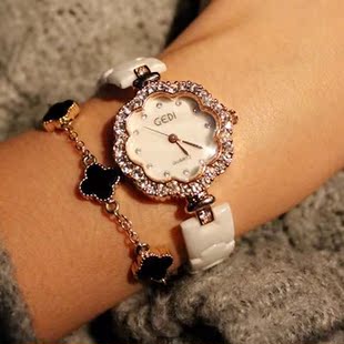 2013新款带钻花朵陶瓷手表女表 带钻手表腕表