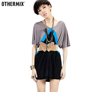  七格格宽松T恤OTHERMIX女士修身长款女装夏季棉短袖条纹 12A10045