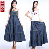 2012夏装新波西米亚大摆裙牛仔裙女半身裙两穿裹胸牛仔连衣裙长裙