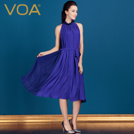 VOA新款挂脖真丝连衣裙女 拼色百褶荷叶领桑蚕丝大摆裙A0356商品大图
