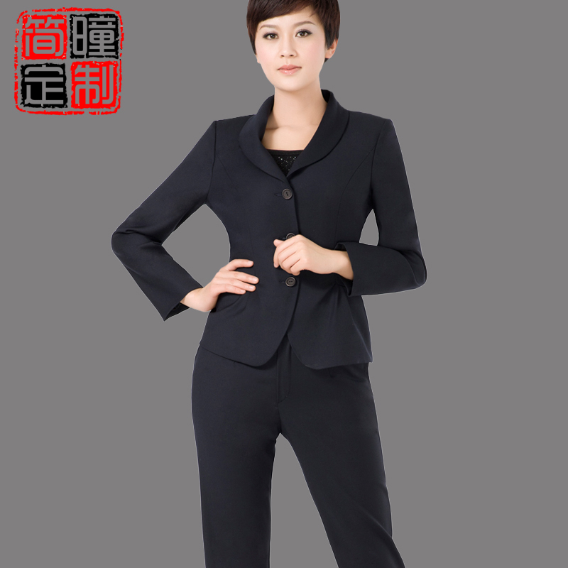 简瞳品牌高档 职业女装蓝色毛料青果领西装裤