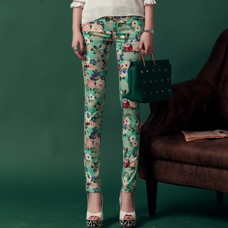 2014夏季新款纯棉碎花休闲长裤女 紧身小脚印