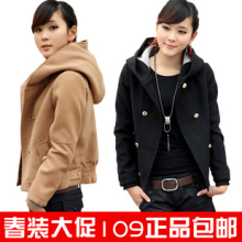 春装外套2012新款韩版带帽修身短外套春秋双排扣女装短款<span class=H>毛呢</span>外套