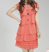 韩版女夏装中长款短袖显瘦多层层蛋糕裙荷叶边雪纺衫连衣裙子