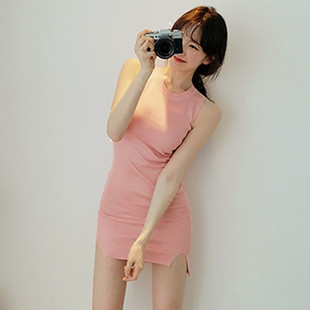 夏季女装裙摆开叉无袖粉色包臀针织连衣裙性感背心裙短裙