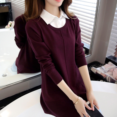 如何搭配假两件套针织衫套头衬衫领中长款女装