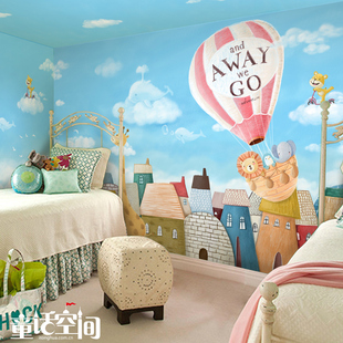 韩式大型壁画墙纸定制 儿童房卧室背景墙装饰蓝色热气球 天空之城