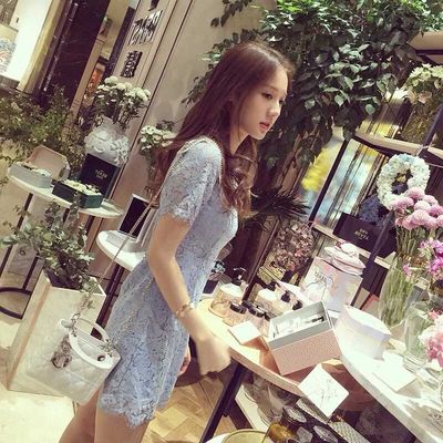 韩国代购2015夏季新款女装韩版性感显瘦OL蕾丝连衣裙镂空包臀短裙