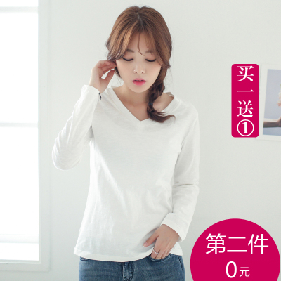 2016秋装新款韩版竹节棉V领长袖T恤女纯棉上