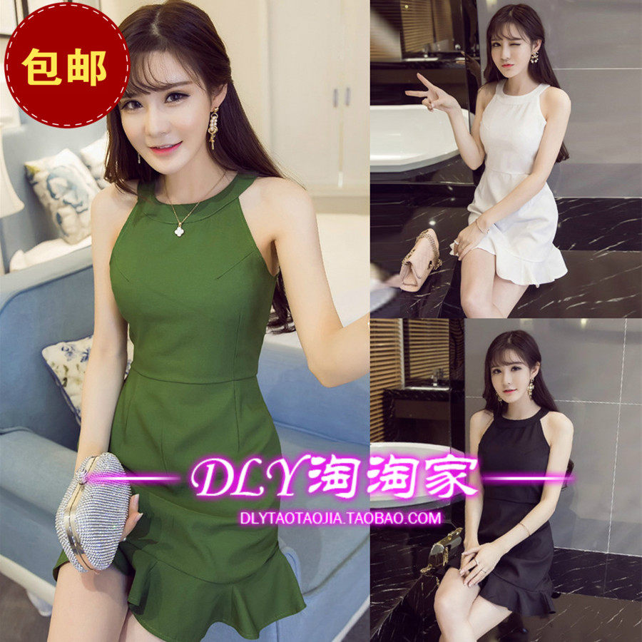连衣裙女夏装欧美性感名媛无袖露肩挂脖吊带修身荷叶边鱼尾摆短裙