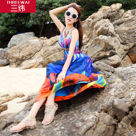 三纬2018夏季新款真丝桑蚕丝时尚大气吊带无袖V领真丝连衣裙商品大图