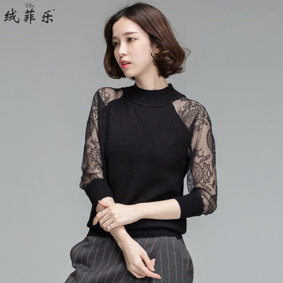2016春装新款女士针织衫打底衫 半高领半透蕾