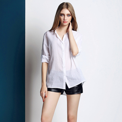 标题优化:欧洲站2015夏季新款女装纯棉修身中长款长袖白色衬衫衬衣正品促销