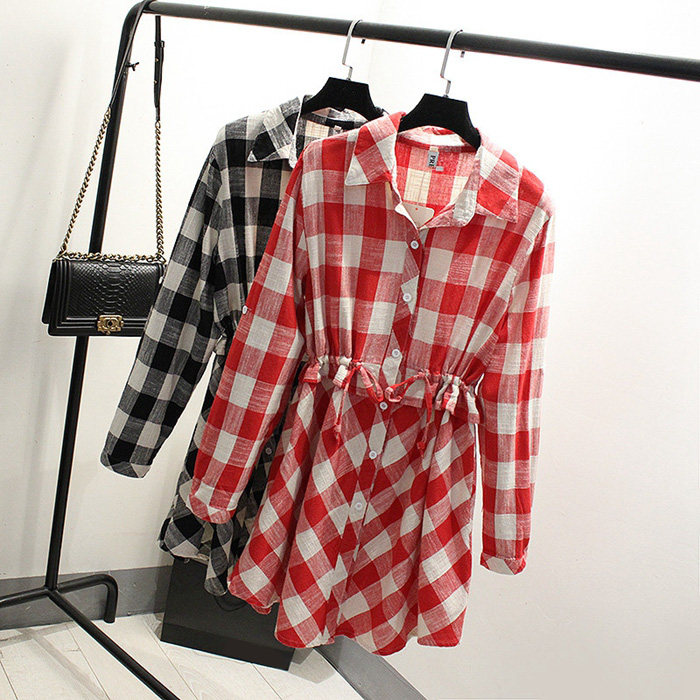 萱萱大码女装2015秋季新品胖MM时尚新款中长款格子长款衬衫连衣裙