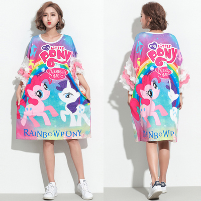 欧洲站特大码女装卡通印花拼蕾丝袖200斤胖妹妹宽松显瘦T恤裙