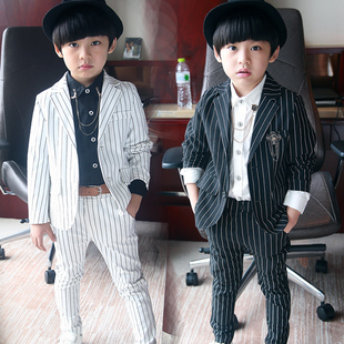 童装2023春黑白竖条纹小西装男童外套绅士套装宝宝西服两件套
