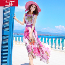 三纬女装长裙时尚大气桑蚕丝烫钻吊带圆领无袖真丝连衣裙夏季新款图片