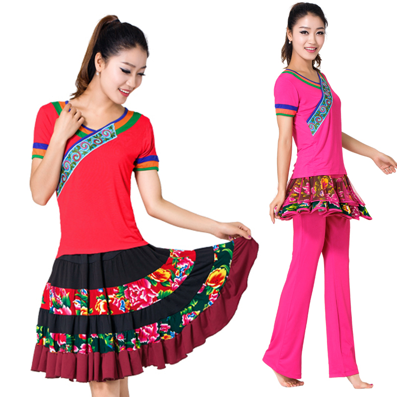 广场舞服装2015夏新款绣花拼色上衣大摆裙套装 红草杨艺表演出服