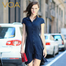 VOA34姆米重磅真丝藏青高领短袖单排扣中腰X型素色短连衣裙A5913图片