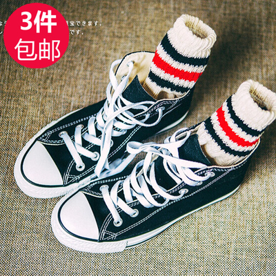 秋冬新款日系三条杠脚底毛圈加厚女士中筒白袜子保暖吸汗运动袜