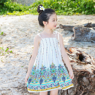 女童沙滩裙20夏款5-14岁中大童纯棉民族，风吊带连衣裙波西米亚度假