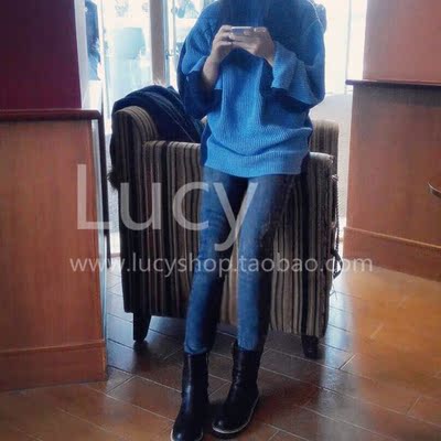 标题优化:【Lucy】狠赵狠蛇蛇同款cel*ne前后拼接蓝色套头毛衣女秋冬修身