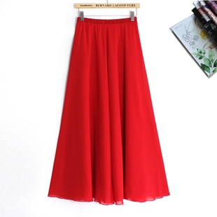 夏季高腰雪纺半身裙大码显瘦纯色a字裙仙女沙滩，裙大红色大摆长裙